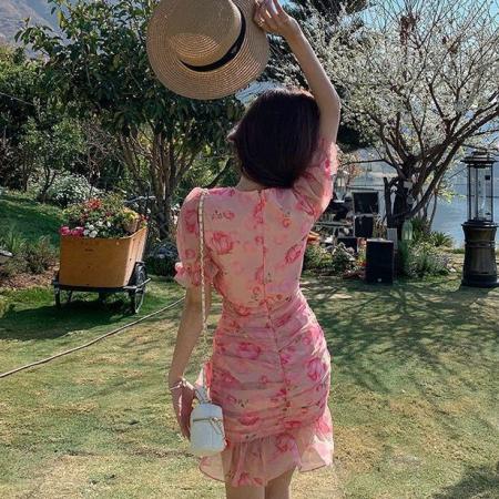 BY15109# 碎花雪纺连衣裙女夏新款设计感小众修身显瘦气质包臀鱼尾短裙 服裝批發女裝批發服飾貨源