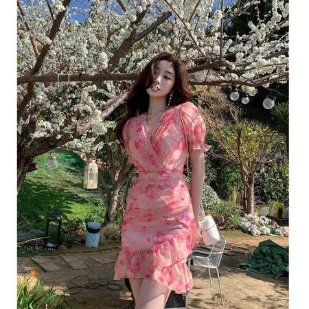 BY15109# 碎花雪纺连衣裙女夏新款设计感小众修身显瘦气质包臀鱼尾短裙 服裝批發女裝批發服飾貨源