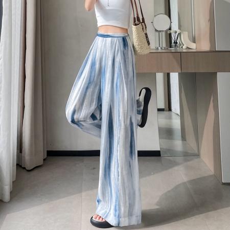 BY15112# 天丝亚麻防晒阔腿裤显瘦凉感晕染印花度假拖地裤女夏季女 服裝批發女裝批發服飾貨源