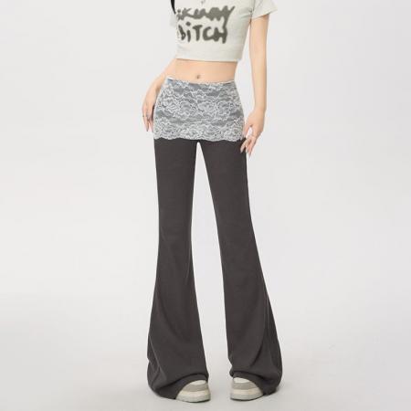 BY15113# 蕾丝拼接微喇裤女夏季新款休闲高腰显瘦韩版喇叭裤子 服裝批發女裝批發服飾貨源