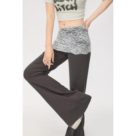 BY15113# 蕾丝拼接微喇裤女夏季新款休闲高腰显瘦韩版喇叭裤子 服裝批發女裝批發服飾貨源