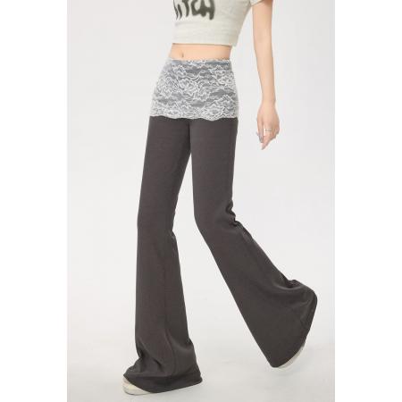 BY15113# 蕾丝拼接微喇裤女夏季新款休闲高腰显瘦韩版喇叭裤子 服裝批發女裝批發服飾貨源