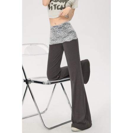 BY15113# 蕾丝拼接微喇裤女夏季新款休闲高腰显瘦韩版喇叭裤子 服裝批發女裝批發服飾貨源