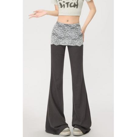 BY15113# 蕾丝拼接微喇裤女夏季新款休闲高腰显瘦韩版喇叭裤子 服裝批發女裝批發服飾貨源