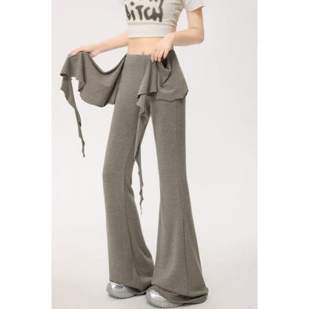 BY15115# 荷叶边微喇叭裤假两件女夏季新款时尚高腰休闲拖地长裤夏 服裝批發女裝批發服飾貨源