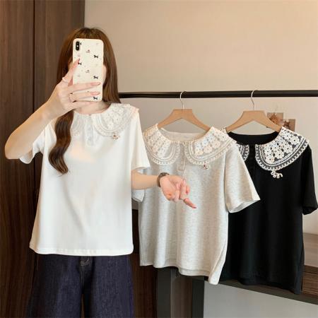 BY15116# 大码新款娃娃领正肩蕾丝设计感修身减龄百搭上衣T恤 服裝批發女裝批發服飾貨源