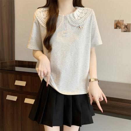 BY15116# 大码新款娃娃领正肩蕾丝设计感修身减龄百搭上衣T恤 服裝批發女裝批發服飾貨源