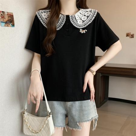 BY15116# 大码新款娃娃领正肩蕾丝设计感修身减龄百搭上衣T恤 服裝批發女裝批發服飾貨源