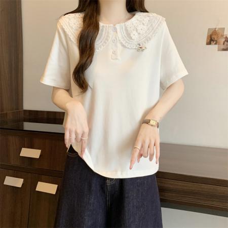 BY15116# 大码新款娃娃领正肩蕾丝设计感修身减龄百搭上衣T恤 服裝批發女裝批發服飾貨源