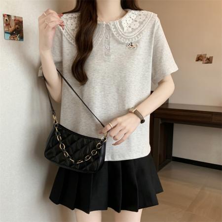 BY15116# 大码新款娃娃领正肩蕾丝设计感修身减龄百搭上衣T恤 服裝批發女裝批發服飾貨源