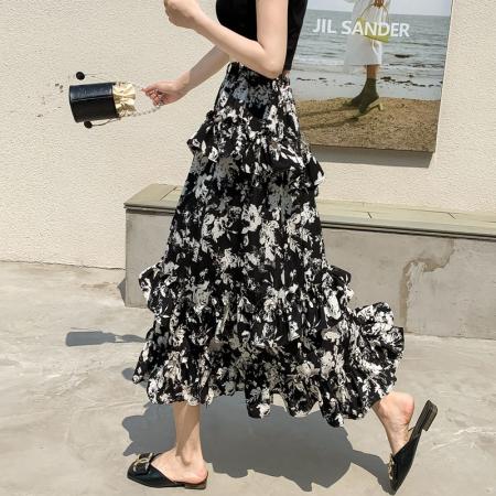 BY15117# 荷叶边碎花半身裙新款夏季不规则开叉雪纺裙子蛋糕包臀a字裙 服裝批發女裝批發服飾貨源