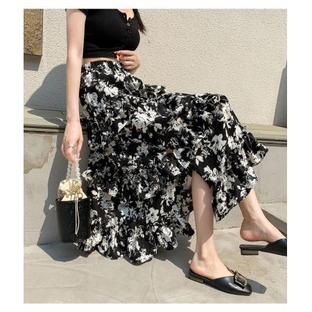 BY15117# 荷叶边碎花半身裙新款夏季不规则开叉雪纺裙子蛋糕包臀a字裙 服裝批發女裝批發服飾貨源