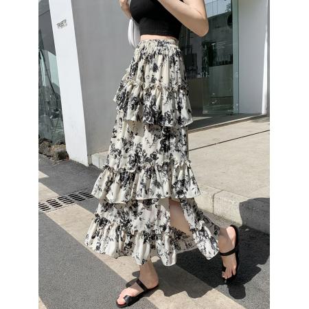 BY15117# 荷叶边碎花半身裙新款夏季不规则开叉雪纺裙子蛋糕包臀a字裙 服裝批發女裝批發服飾貨源