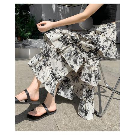 BY15117# 荷叶边碎花半身裙新款夏季不规则开叉雪纺裙子蛋糕包臀a字裙 服裝批發女裝批發服飾貨源