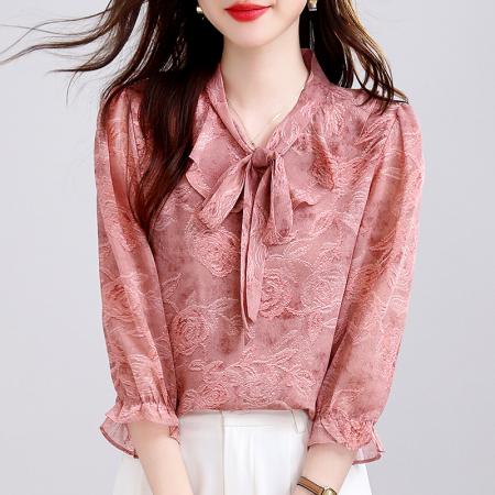 BY15125# 新款夏季七分袖V领高端小衫气质套头衬衫时髦上衣打底女 服裝批發女裝批發服飾貨源