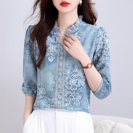 BY15126# 高档桑蚕丝春夏新五分袖荷叶领蕾丝拼接气质减龄百搭上衣 服裝批發女裝批發服飾貨源