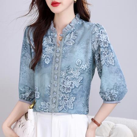 BY15126# 高档桑蚕丝春夏新五分袖荷叶领蕾丝拼接气质减龄百搭上衣 服裝批發女裝批發服飾貨源