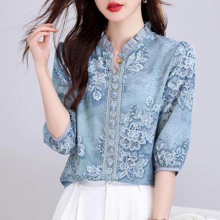 BY15126# 高档桑蚕丝春夏新五分袖荷叶领蕾丝拼接气质减龄百搭上衣 服裝批發女裝批發服飾貨源