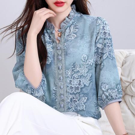 BY15126# 高档桑蚕丝春夏新五分袖荷叶领蕾丝拼接气质减龄百搭上衣 服裝批發女裝批發服飾貨源