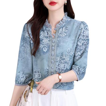 BY15126# 高档桑蚕丝春夏新五分袖荷叶领蕾丝拼接气质减龄百搭上衣 服裝批發女裝批發服飾貨源