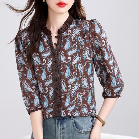 BY15127# 高档桑蚕丝夏季新款中袖荷叶领蕾丝拼接气质减龄百搭上衣 服裝批發女裝批發服飾貨源