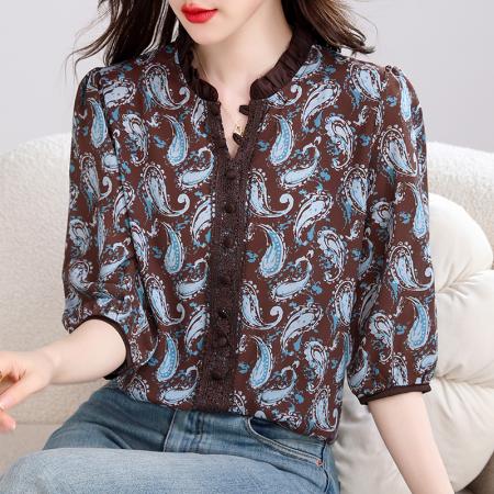 BY15127# 高档桑蚕丝夏季新款中袖荷叶领蕾丝拼接气质减龄百搭上衣 服裝批發女裝批發服飾貨源