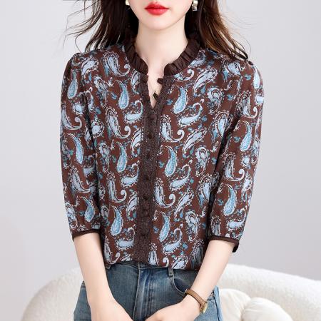 BY15127# 高档桑蚕丝夏季新款中袖荷叶领蕾丝拼接气质减龄百搭上衣 服裝批發女裝批發服飾貨源