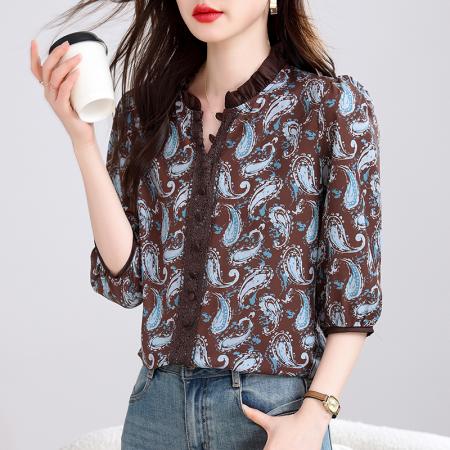 BY15127# 高档桑蚕丝夏季新款中袖荷叶领蕾丝拼接气质减龄百搭上衣 服裝批發女裝批發服飾貨源