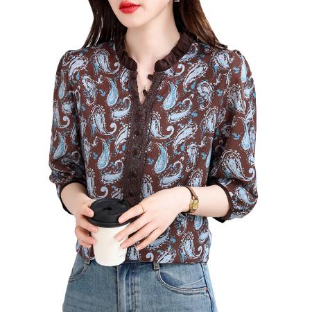 BY15127# 高档桑蚕丝夏季新款中袖荷叶领蕾丝拼接气质减龄百搭上衣 服裝批發女裝批發服飾貨源