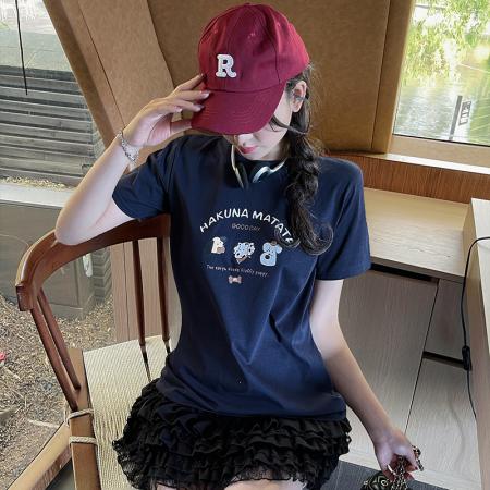 BY15129# 夏季休闲显瘦时尚百搭卡通图案简约通勤日常T恤短袖 服裝批發女裝批發服飾貨源