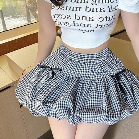 BY15130# 夏季新款甜美气质百搭通勤时尚蝴蝶结格纹半身裙短裙 服裝批發女裝批發服飾貨源