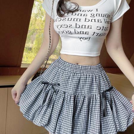 BY15130# 夏季新款甜美气质百搭通勤时尚蝴蝶结格纹半身裙短裙 服裝批發女裝批發服飾貨源