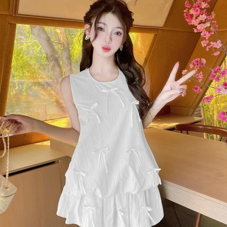 BY15132# 甜美宽松百搭少女蝴蝶结背心花苞上衣短裙两件套套装 服裝批發女裝批發服飾貨源