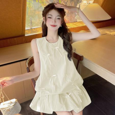 BY15132# 甜美宽松百搭少女蝴蝶结背心花苞上衣短裙两件套套装 服裝批發女裝批發服飾貨源