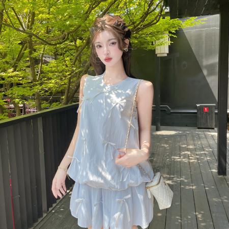 BY15132# 甜美宽松百搭少女蝴蝶结背心花苞上衣短裙两件套套装 服裝批發女裝批發服飾貨源