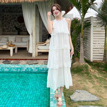BY15133# 法式气质挂脖连衣裙女夏季新款度假风无袖蛋糕裙a字长裙 服裝批發女裝批發服飾貨源