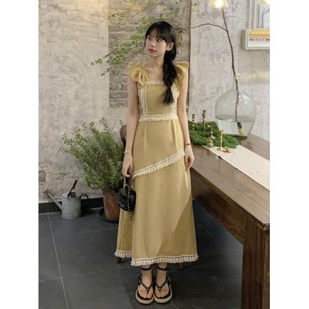 BY15134# 夏季新款连衣裙设计感重工流苏别致方领飞飞袖气质长裙 服裝批發女裝批發服飾貨源