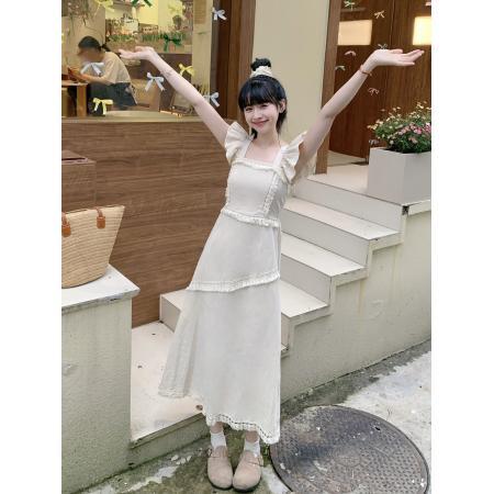 BY15134# 夏季新款连衣裙设计感重工流苏别致方领飞飞袖气质长裙 服裝批發女裝批發服飾貨源