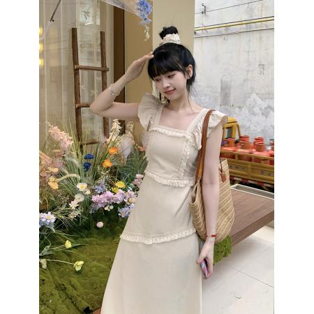 BY15134# 夏季新款连衣裙设计感重工流苏别致方领飞飞袖气质长裙 服裝批發女裝批發服飾貨源