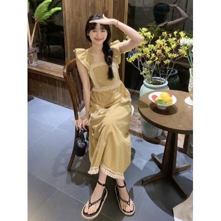 BY15134# 夏季新款连衣裙设计感重工流苏别致方领飞飞袖气质长裙 服裝批發女裝批發服飾貨源