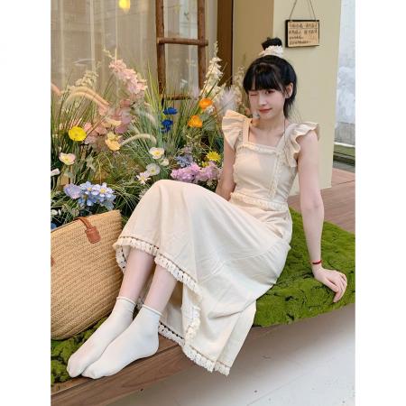 BY15134# 夏季新款连衣裙设计感重工流苏别致方领飞飞袖气质长裙 服裝批發女裝批發服飾貨源