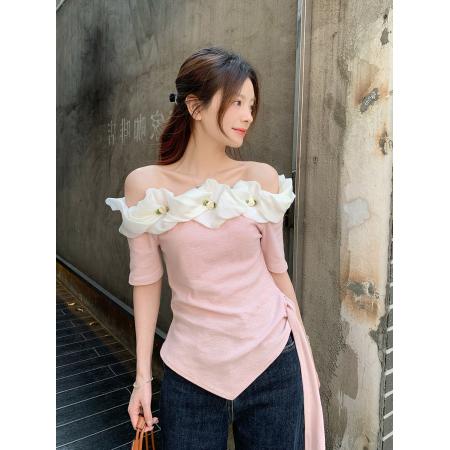 BY15135# 温柔风夏季新款上衣设计感花朵一字领别致显瘦不规则T恤 服裝批發女裝批發服飾貨源
