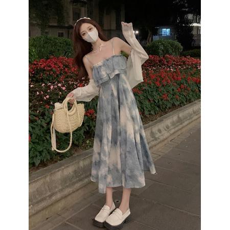 BY15136# 韩版温柔风连衣裙设计感水墨风晕染抹胸吊带裙百搭开衫 服裝批發女裝批發服飾貨源