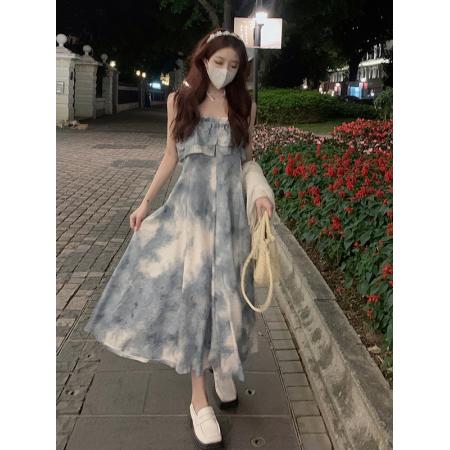 BY15136# 韩版温柔风连衣裙设计感水墨风晕染抹胸吊带裙百搭开衫 服裝批發女裝批發服飾貨源