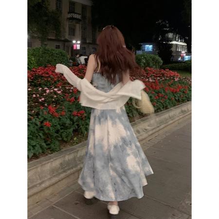 BY15136# 韩版温柔风连衣裙设计感水墨风晕染抹胸吊带裙百搭开衫 服裝批發女裝批發服飾貨源