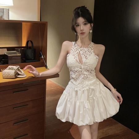 BY15138# 纯欲风小心机少女立体蕾丝无袖上衣高腰蓬蓬短裙套装 服裝批發女裝批發服飾貨源