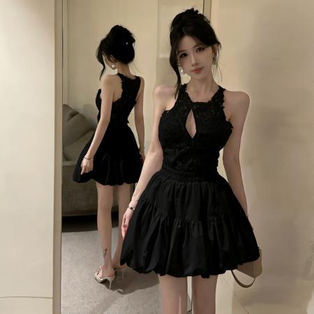 BY15138# 纯欲风小心机少女立体蕾丝无袖上衣高腰蓬蓬短裙套装 服裝批發女裝批發服飾貨源