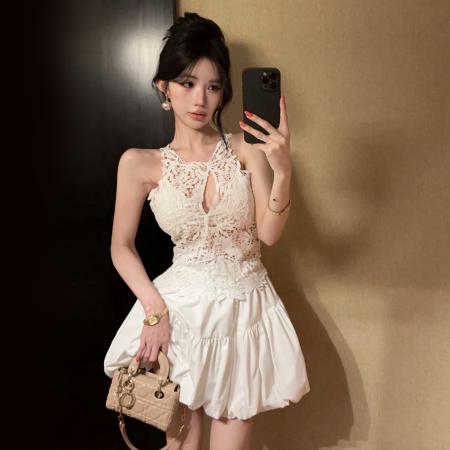 BY15138# 纯欲风小心机少女立体蕾丝无袖上衣高腰蓬蓬短裙套装 服裝批發女裝批發服飾貨源