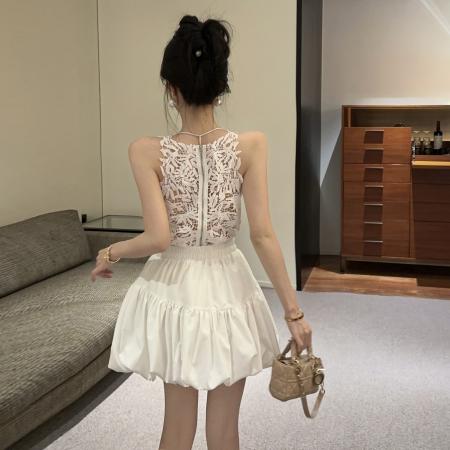 BY15138# 纯欲风小心机少女立体蕾丝无袖上衣高腰蓬蓬短裙套装 服裝批發女裝批發服飾貨源