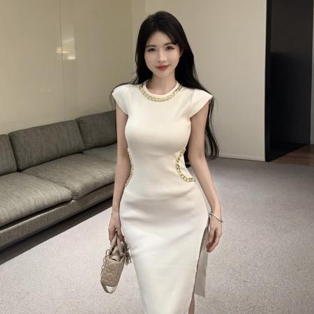 BY15143# 气质小众轻奢中长款重工链条修身包臀聚会针织连衣裙 服裝批發女裝批發服飾貨源